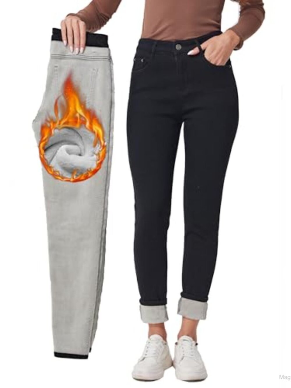 Fleece Lined Jeans Women High Rise Skinny Stretch Thermal Denim Winter